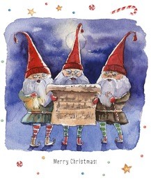 watercolor christmas illustration with singing dwarfs in moonnight. christmas cards. winter design. merry christmas! 