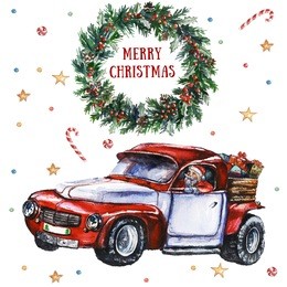 white card with christmas wreath, berries and santa's car packed with presents. watercolor hand-painted illustration. christmas cards. winter design. merry christmas!