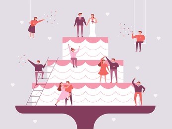 giant wedding cake and small people character poster concept vector illustration flat design