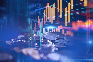 double exposure image of coin stacks on technology financial graph background.