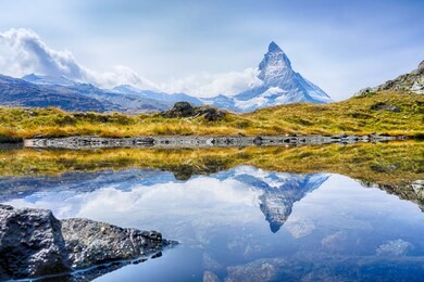 the matterhorn with reflection in the lake, zermatt, switzerland.