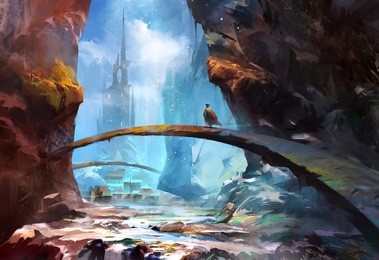 painted mountain landscape with a castle and a traveler