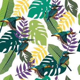 different leaves of tropical trees. humming birds.seamless pattern. vector background.