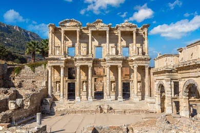 ruins of celsius library in ancient city ephesus, turkey in a beautiful summer day
