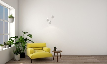 3d illustration,interior design for living area in modern style with armchair sofa, side table,plant on wood floor and white concrete wall  and window views with relaxing natural forest