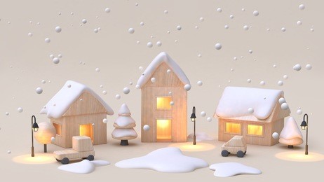 abstract minimal cream background snow winter new year concept wood toy town-village cartoon style 3d rendering