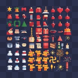 xmas symbols. mega big set of pixel art icons. bengal fire, christmas tree, ball, clock, yellow dogs, snowman. video games elements. 