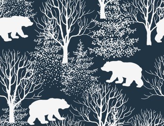 beautiful hand drawn seamless pattern,  background with bear, winter forest landscape.