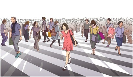 illustration of woman in red dress crossing road with city crowd in color