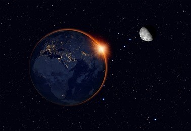 the image of the sun , moon and world from space "elements of this image furnished by nasa "