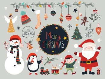christmas collection with seasonal elements, santa and snowman