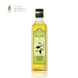glass bottle with olives oil. package label design. isolated on white background. healthy vegetarian product. stock vector illustration.