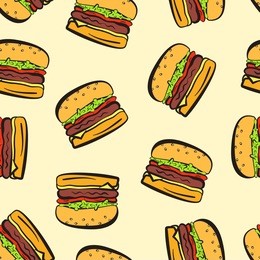 cartoon colorful outline hamburgers seamless pattern. flat vector burger texture for fast food restaurant or cafe menu banners, textile, wrapping paper, package, cover