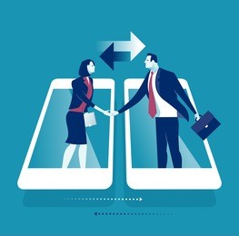 online communication. businesspersons shaking hands through display of a phone. business concept vector illustration.