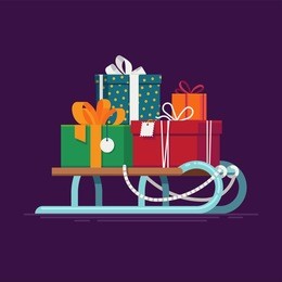 lovely vector illustration on christmas gifts and presents with gift boxes and packages stacked on kids' snow sleds 