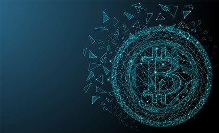 blue network connection bitcoin cryptocurrency. shiny triangles and hexagons. abstract space with stars design. techno modern bitcoin logo style. vector illustration. eps 10.