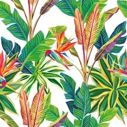 sunny cheerful day on the tropical jungle. birds of paradise and leaves vector seamless pattern composition. white background
