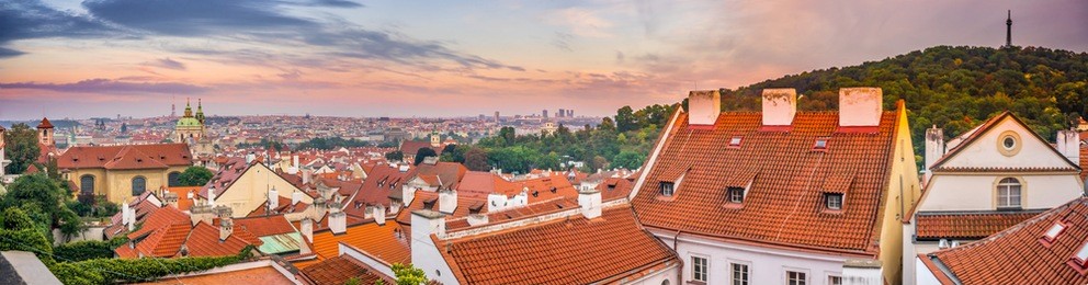panorama of the prague area mala strana and petrshin hill in the evening at sunset. czech republic. nice view from the prague castle