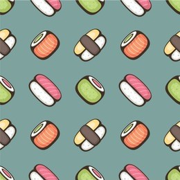 sushi roll seamless vector pattern. food background. design for menu, wrapping paper, restaurant textile.