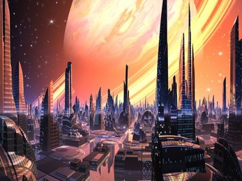 perfect alien city with ring planet