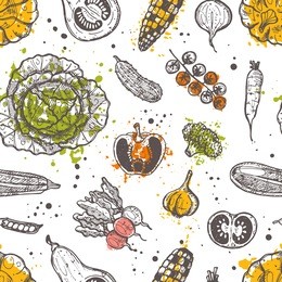 seamless pattern with vegatables. ink hand drawn vector illustration with watercolor splash. can be used for wrapping paper, street festival, farmers market, country fair, shop, menu, cafe, restaurant