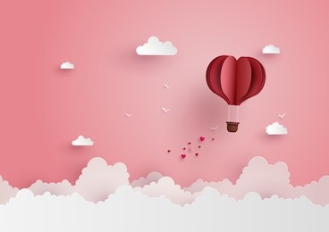 illustration of love and valentine day,origami made hot air balloon flying on the sky with heart float on the sky.paper art style.