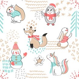 seamless pattern with cute penguin,snowman, fox,unicorn, squirrel and rabbit. hand drawn vector illustration. background with cartoon animals
