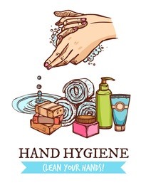 colorful healthcare sketch poster with cosmetics for hand washing and hygiene on white background  illustration