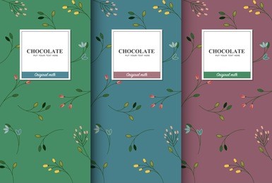 chocolate bar packaging set. trendy luxury product branding template with label and flower for packaging pattern. vector design.