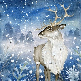 watercolor reindeer on magic winter background