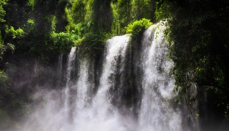 waterfall on the siem reap river. phnom kulen - the sacred mountain in cambodia, the top of the mountain is the sacred place for hindus and buddhists. cambodia, near angkor, phnom kulen national park
