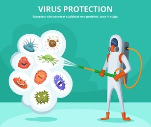 concept illustration of viruses protection. character in special clothing poisons microbes. vector virus protection, infection and bacteria protect