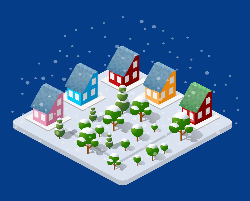 winter christmas urban quarter modules for the construction of a large isometric metropolis city perspective