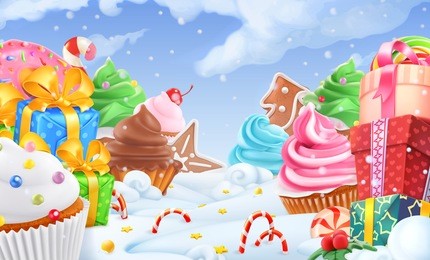 cupcake, gift box. winter sweet landscape. christmas background. 3d vector illustration