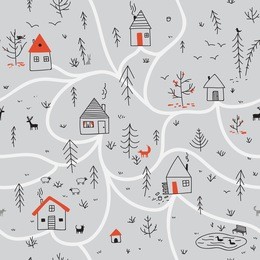vector seamless pattern with houses and wild forest life, deers, fox, rabbit, bird and wolf, lake with ducks. can be printed and used as wrapping paper, wallpaper, textile, fabric, etc. 