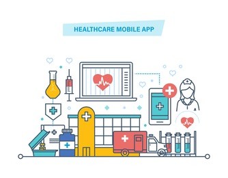 healthcare mobile app. mobile service. medical healthcare, mobile consultant. diagnosis diseases, patient care, online medical consultation, service. illustration thin line design of vector doodles.