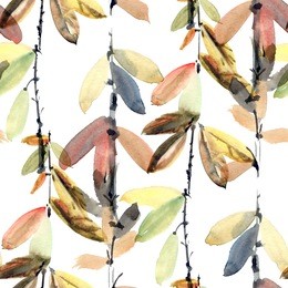 watercolor and ink illustration of tree foliage in style sumi-e, u-sin. oriental traditional painting. seamless pattern.