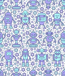 vector seamless pattern with cute funny retro robots in trendy line style.