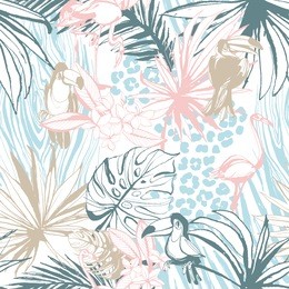 seamless pattern of ink hand drawn sketch tropical palm leaves toucan flamingo bird, leopard zebra skin. greeting card, invitation summer beach party, flyer. vector illustration. grunge design style