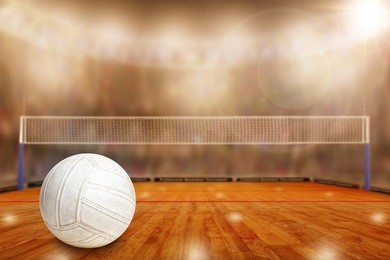 low angle view of fictitious volleyball arena with sports fans in the stands and copy space. focus on foreground with deliberate shallow depth of field on background.