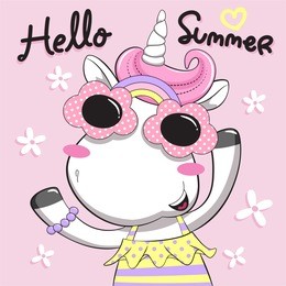 hello summer with cute unicorn girl wearing funny sunglasses isolated on pink background illustration vector.
