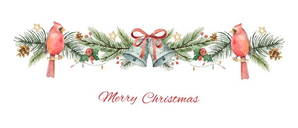 watercolor christmas banner with fir branches, bird cardinal and bells. illustration for greeting cards and invitations isolated on white background.