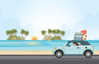 funny family driving in car on weekend holiday with surfboard and suitcases on a beach. vector flat illustration.