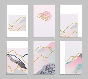 collection of abstract universal artistic cards. creative graphic design for banner, poster, cover, invitation, placard, brochure, flyer. hand drawn vector illustration. trendy print
