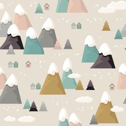 mountain seamless pattern. flat style cartoon mountain with white clouds, trees, snow on the peaks. vector illustration. vintage background.