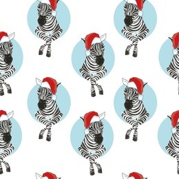 zebra wearing santa hats seamless pattern. savannah animal ornament. wild animal texture. striped black and white. design trendy fabric texture, illustration.