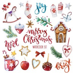 bright watercolor merry christmas set of traditional decor and elements. spices, decoration, cookies, gifts and plants. elements of a christmas mood on a white background.
