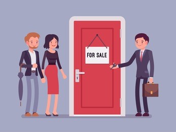 new apartment selling. man from the estate agency or residential consultancy giving a key from a new flat to a young happy pair. vector flat style cartoon illustration