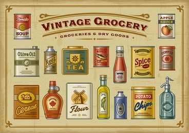 vintage grocery set. eps10 vector illustration in retro woodcut style.