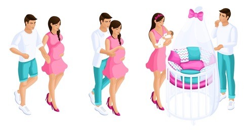 quality isometrics, a romantic set of couples during pregnancy, the birth of a child, a beautiful baby cot with parents.